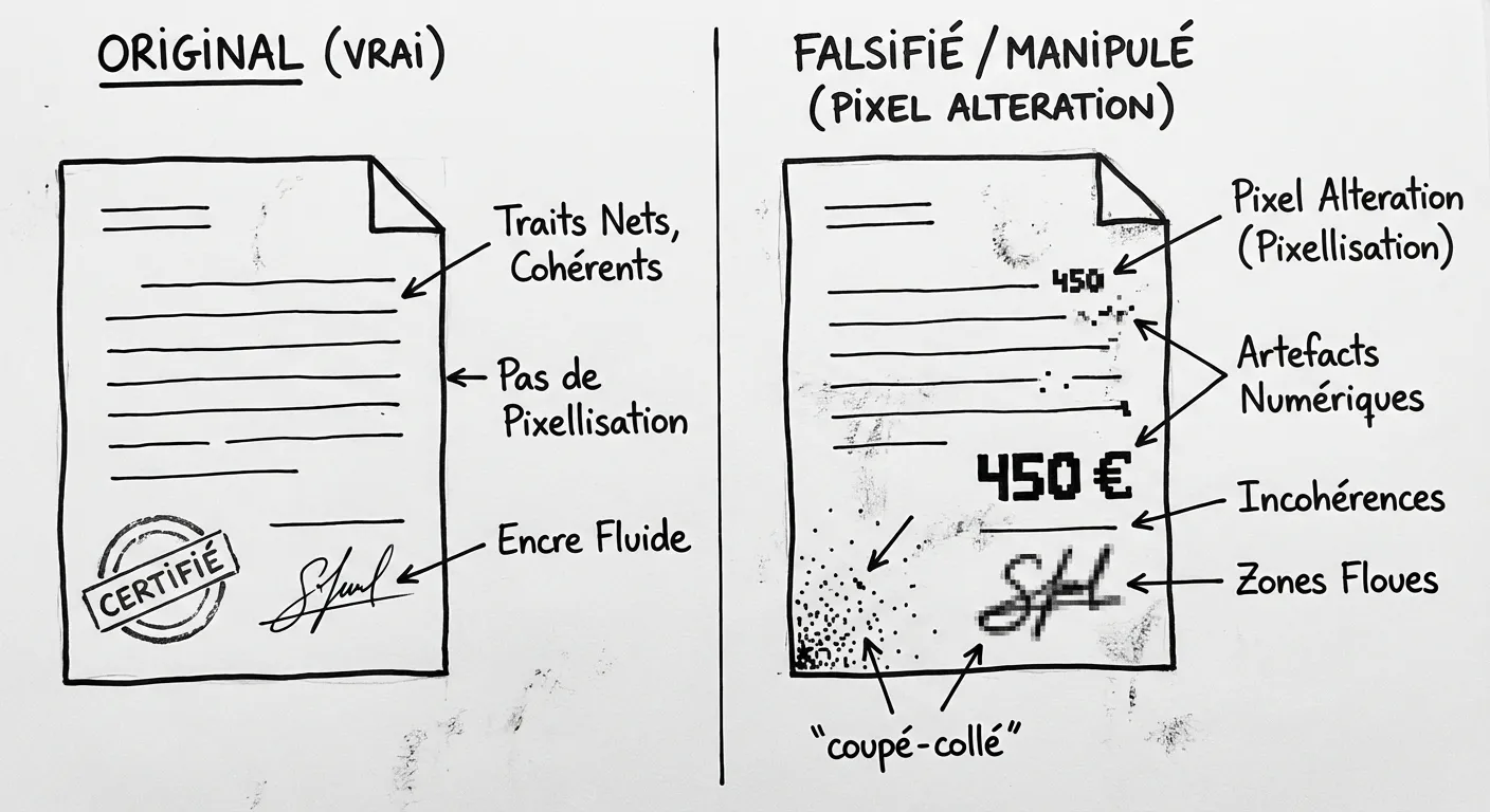 Croquis feutre noir montrant un document original face à un document trafiqué grossièrement