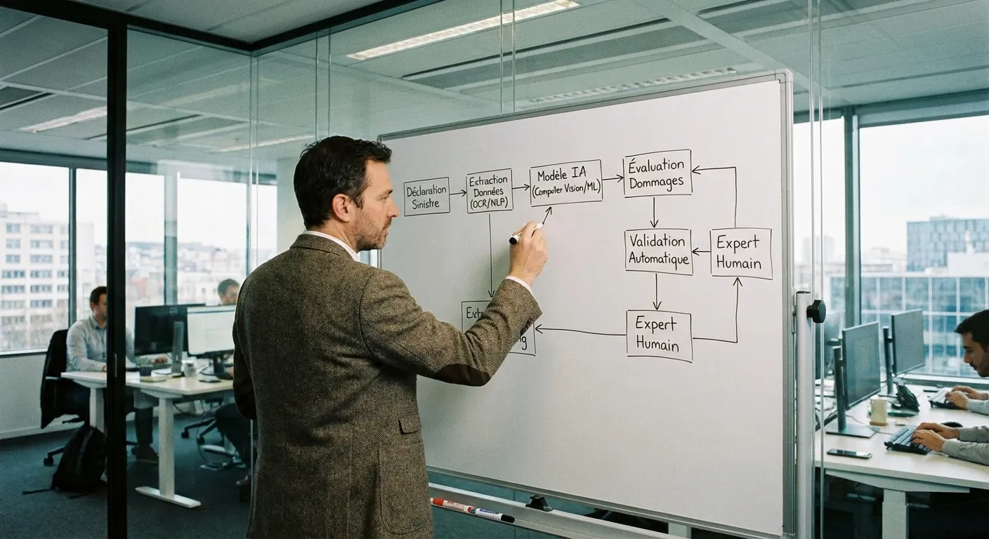Tableau blanc dessiné par un expert montrant le traitement IA des photos de véhicules