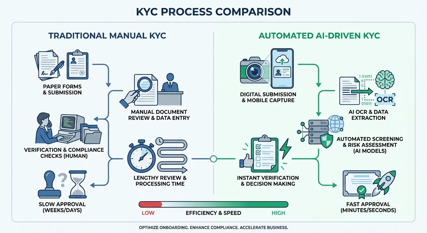 Comparatif visuel entre le KYC manuel et automatisé via IA