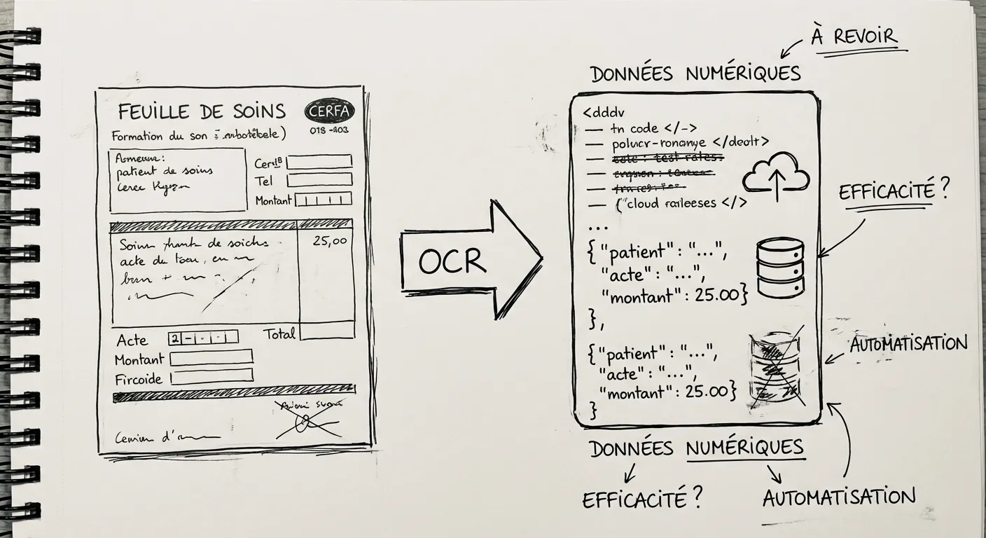 Croquis montrant comment les mots manuscrits d'une feuille de soins deviennent des datas