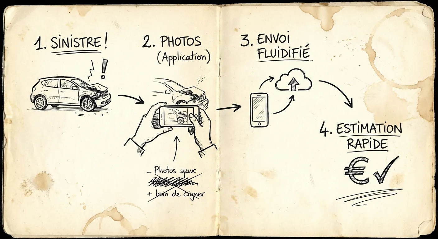 Croquis à main levée expliquant les étapes fluides du e-constat auto