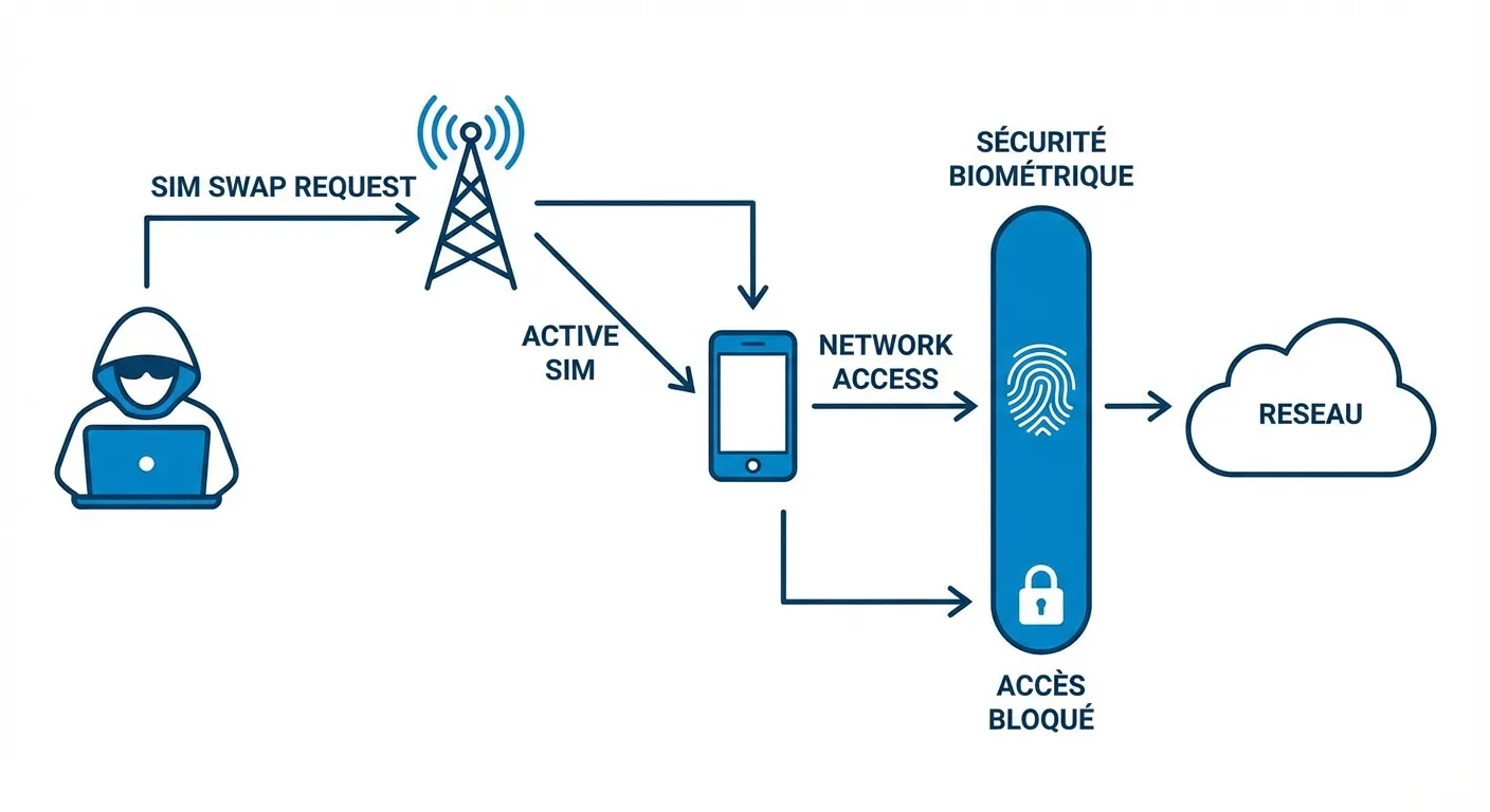 Illustration schématique de la fraude au SIM Swap avec interception de codes SMS